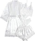 Silk Satin Pajamas Set Floral Lace Cami Sleepwear with Robe - Image 2