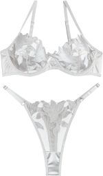 Satin Mesh Floral Sheer Embroidered Underwire Lingerie Set