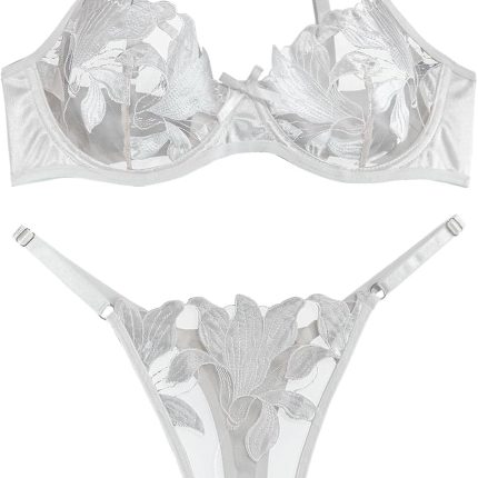 Satin Mesh Floral Sheer Embroidered Underwire Lingerie Set
