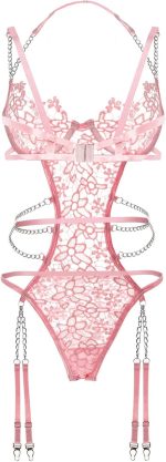 Floral Lace Teddy Strap Chain Babydoll Bodysuit Set with Garter Belts - Image 2