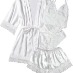 Silk Satin Pajamas Set Floral Lace Cami Sleepwear with Robe
