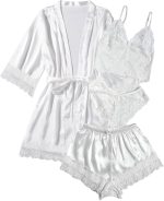Silk Satin Pajamas Set Floral Lace Cami Sleepwear with Robe