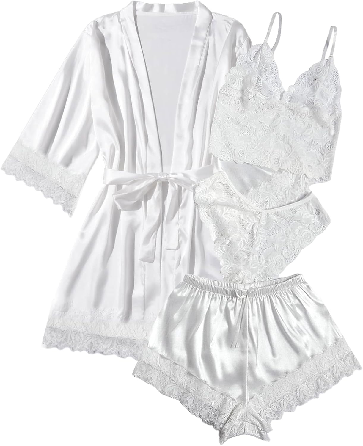 61u0eNQs40L._AC_SL1500_.jpg Silk Satin Pajamas Set Floral Lace Cami Sleepwear with Robe - Image 1