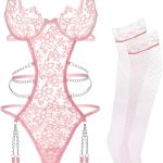 Floral Lace Teddy Strap Chain Babydoll Bodysuit Set with Garter Belts