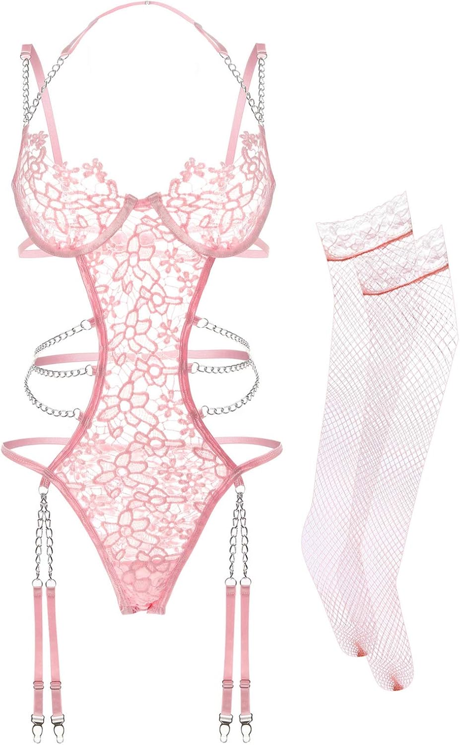 71M7THvRVL._AC_SL1500_.jpg Floral Lace Teddy Strap Chain Babydoll Bodysuit Set with Garter Belts - Image 1