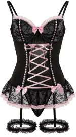 Mesh Corset Ruffle Lace Up Underwire Garter Belt Babydoll Set