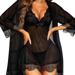 Three Piece Babydoll Lace Kimono Robe Chemise Sleepwear Set