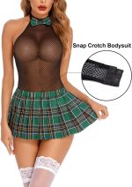 Women Schoolgirl Lingerie Sexy Roleplay Lingerie Set Student Snap Crotch Bodysuit and Mini Skirt - Image 2